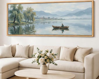 Quiet Lake Wall Art Canvas Print, Foggy Lake and Row Boat Scene, Willow Trees, Panoramic Mountain Mist Giclee