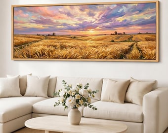 Wheat Field Canvas Print, Amber Sky Wall Art, Panoramic Harvest Landscape, Rustic Farmhouse Giclee Cotton Canvas