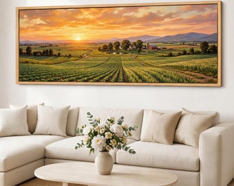 Panoramic Farm Sunset Giclee Canvas Print, Country Cottage Barn Landscape Wall Art, Rustic Meadow Horizon, Framed