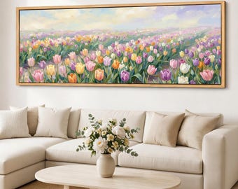 Pastel Tulip Field Canvas Wall Art, Panoramic Floral Giclee on Cotton Canvas, Spring Meadow Landscape Decor