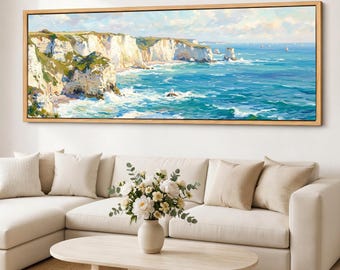 Impressão em tela com vista para o penhasco, arte à beira-mar, paisagem panorâmica do penhasco, arte de parede costeira com penhascos brancos, vista para o oceano em tons de espuma do mar.