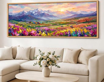 Colorful Mountain Meadow Canvas Print, Panoramic Valley Sunrise Wall Art, Floral Landscape Giclee on Cotton Canvas