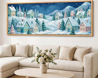 Winter Village Canvas Print, Pastel Cabins Wall Art, Snowy Town Decor, Cozy House Landscape, Panoramic Holiday Art