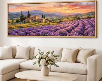 Lavender Panorama Canvas Wall Art, Tuscan House Landscape, Provence Field, Rustic Villa Giclee Canvas Print