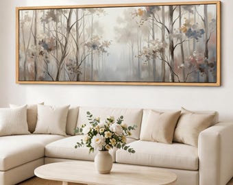 Misty Forest Canvas Wall Art, Neutral Woodland Panorama, Subtle Tree Giclee Print, Wide Framed Nature Decor