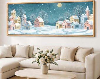 Moonlit Snow Village Canvas Wall Art, Pastel Winter Town Framed Giclee on Cotton Canvas, Panoramic Wall Decor