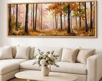Autumn Forest Canvas Wall Art, Wide Woodland Panorama, Framed Giclee Cotton Canvas Print, Fall Landscape Decor