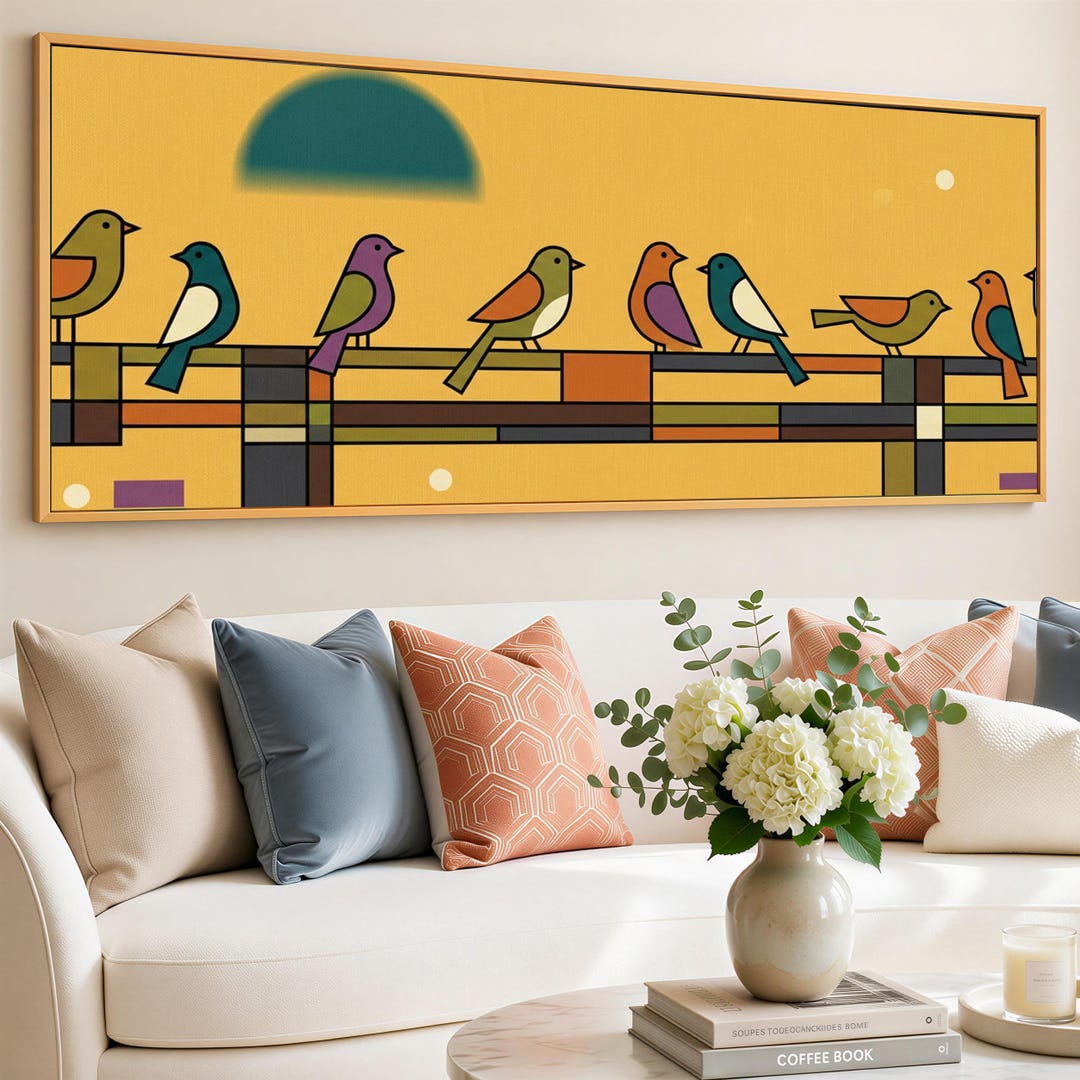 Mid Century Birds on Wire Framed Canvas Print, Panoramic Abstract Bird ...