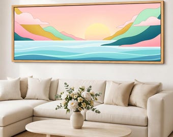 Pastel Coastal Canvas Wall Art, Framed Retro Seascape, Minimal Ocean Sunrise, Panoramic Giclee Cotton Canvas Print
