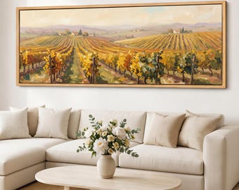 Impressão em tela de vinhedo toscano, arte de parede panorâmica, paisagem de vinícola, colinas da colheita dourada, decoração rústica campestre