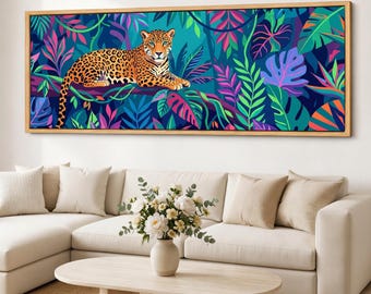 Colorful Leopard Jungle Canvas Wall Art, Tropical Animal Canvas Print, Wood Framed Panoramic Decor