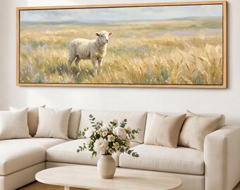 Lamb Meadow Canvas Wall Art, Neutral Farmhouse Landscape, Extra Wide Framed Giclee Print