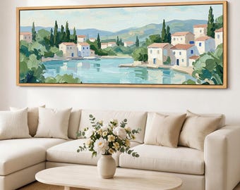 Lakeside Village Canvas Print, Italian Lake Wall Art, Neutral Mediterranean Landscape, Extra Long Giclee Cotton Canvas