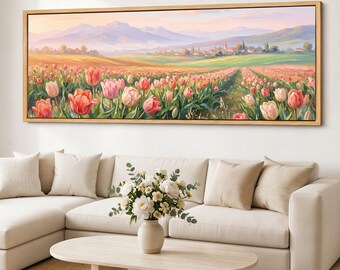 Cuadro decorativo de tulipanes, lámina en lienzo de pradera de tulipanes en tonos pastel, paisaje floral panorámico, lienzo giclée enmarcado de pueblo de montaña.