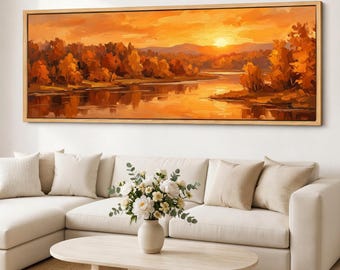 Autumn Glow Lake Canvas Print, Panoramic Sunset Landscape Wall Art, Extra Long Giclee Cotton Canvas Decor