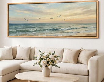 Lienzo decorativo con motivos marinos, lienzo con vista a la costa, arte panorámico del mar, arte mural de paisaje costero con gaviotas.