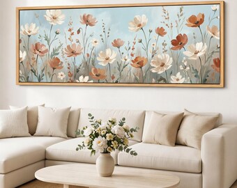 Cuadro decorativo de pared con estampado floral de amapolas en tonos neutros, impresión giclée panorámica de pradera de flores silvestres sobre lienzo de algodón, decoración botánica para pared.