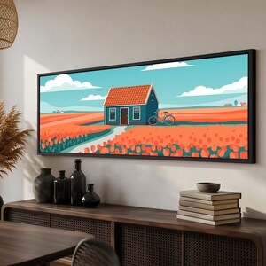 Dutch Tulip Canvas Wall Art, Panoramic Netherlands Canal Landscape with Tiny House and Bicycle, Wide Floral Farmhouse Decor