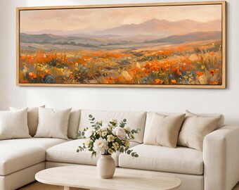 Lienzo impreso de pradera abierta, arte mural de campo de flores silvestres cálidas, paisaje floral panorámico, lienzo giclée con paisaje neutro para dormitorio