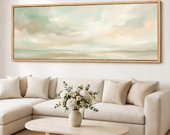 Panoramic Neutral Coastal Canvas Print, Italy Seascape Wall Art, Airy Pastel Ocean Horizon, Sage Beige Giclee Canvas