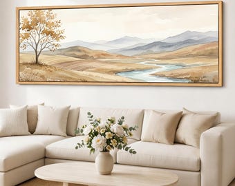 Quadro em tela com paisagem neutra, impressão giclée panorâmica de um vale fluvial, colinas em tons de bege e azul, árvore solitária, decoração rústica de fazenda.