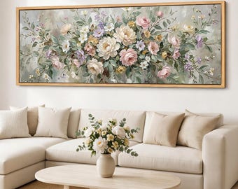 Panoramic Floral Canvas Print, Airy Garden Wall Art, Blush Bouquet Giclee on Cotton Canvas, Extra Long Horizontal Decor