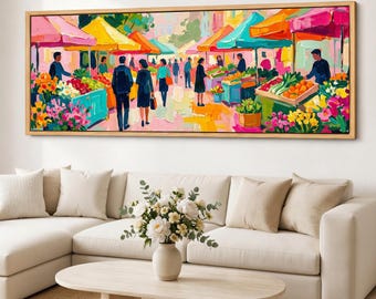 Vivid Street Market Canvas Wall Art, Colorful Floral Cityscape, Panoramic Giclee Canvas Print