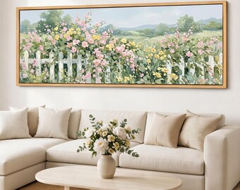 Blush Meadow Fence Canvas Print, Cottage Garden Floral Wall Art, Panoramic Pink Flower Giclee on Cotton Canvas
