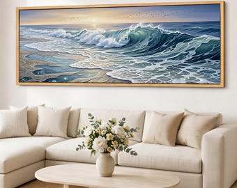 Lienzo panorámico con estampado de olas, arte mural de la costa, decoración oceánica en tonos espuma de mar, impresión giclée de paisaje marino costero sobre lienzo de algodón.