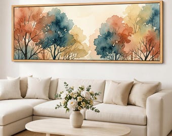 Pastel Tree Canvas Wall Art, Framed Panoramic Landscape, Soft Minimal Watercolor Forest Decor, Large Wide Giclee Print