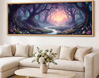 Mystical Forest Wall Art, Enchanted Woods Canvas Print, Fairy Path Landscape, Panoramic Giclee Cotton Canvas, Framed Option