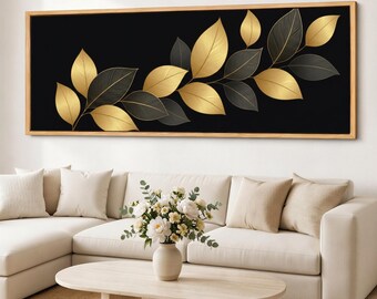 Fine Line Leaf Canvas Print, Black Gold Botanical Wall Art, Wide Framed Neutral Canvas for Sofa Foyer Decor
