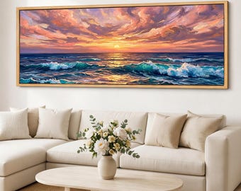 Impressão em tela do pôr do sol no oceano, arte de parede com paisagem marítima ampla, impressão giclée costeira em tela de algodão, panorama emoldurado.