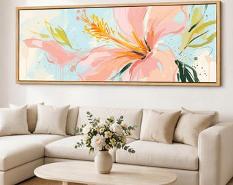 Blush Hibiscus Canvas Print, Airy Wall Art, Coral Bloom Canvas, Wide Floral Panorama, Tropical Botanical Decor