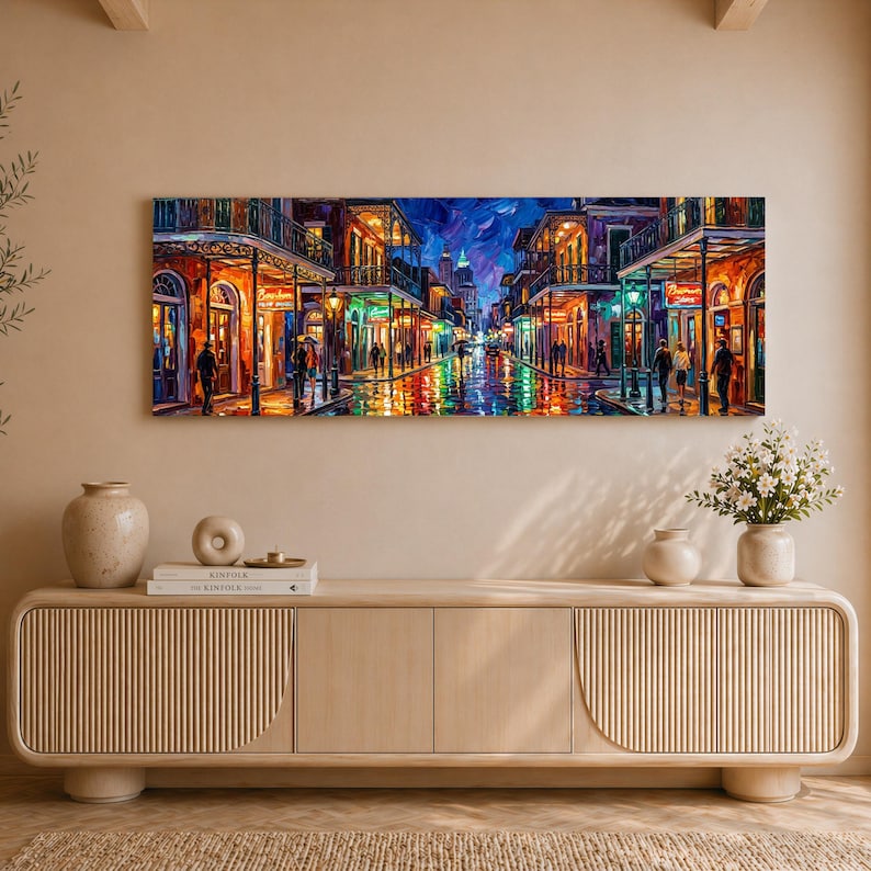 New Orleans Bourbon Street Rain Night Canvas Print, Panoramic City ...