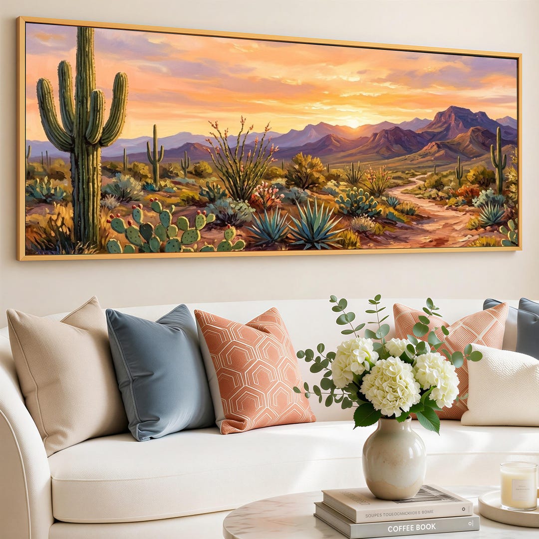 Panoramic Desert Cactus Canvas Print, Saguaro Sunset Landscape Wall Art ...