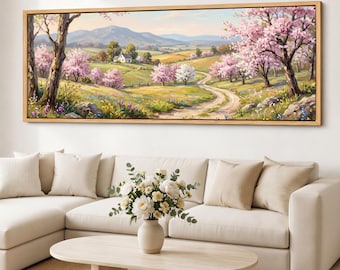 Pink Orchard Canvas Wall Art, Floral Panorama, Country Lane Landscape, Wide Spring Meadow Giclee Print