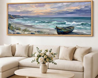 Seaside Boat Canvas Wall Art, Ocean Waves Coastal Scene, Rowboat Beach Decor, Framed Giclee Cotton Canvas Print