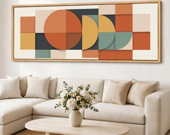 Bauhaus Geometric Canvas Print, Modern Abstract Shapes Wall Art, Mid Century Color Block, Panoramic Giclee Canvas