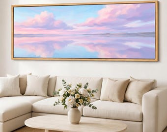 Impressão em tela Céu Pastel, Arte Espelhada do Céu, Panorama de Lago com Nuvens em Tons de Lilás e Rosa, Arte de Parede Horizontal Grande