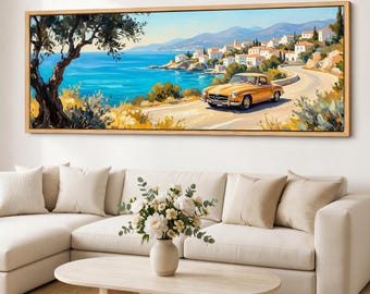 Mediterranean Coastal Wall Art, Vintage Car Canvas Print, Panoramic Seaside Road Decor, Framed Giclee Cotton Canvas