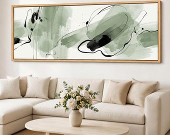 Extra Long Sage Green Abstract Canvas Wall Art, Fluid Line Coastal Framed Giclee, Wide Neutral Minimalist Decor