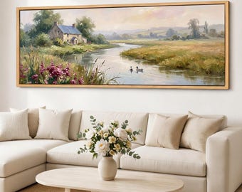 Impressão em tela panorâmica de fazenda à beira do lago, paisagem tranquila de chalé à beira do rio com patos, arte de parede em tela de algodão com impressão giclée.