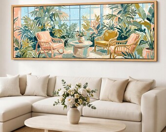Sunroom Wall Art, Tropical Botanical Canvas Print, Wide Coastal Lounge Decor, Framed Giclee Cotton Canvas