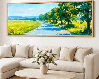 Panoramic Landscape Canvas Print, Tree Lined Road Wall Art, Extra Long Green Field Giclee Canvas Decor