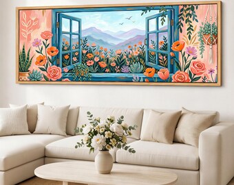 Boho Floral Window Canvas Print, Colorful Mountain View Wall Art, Panoramic Botanical Landscape, Living Room Giclee Canvas