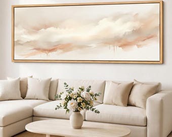 Neutral Cloud Canvas Print, Extra Wide Beige Blush Sky Wall Art, Panoramic Giclee Cotton Canvas for Living Room Decor