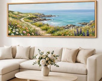 Floral Shoreline Canvas Wall Art, Coastal Wildflower Seascape, Ocean Path Canvas, Long Framed Coastal Meadow