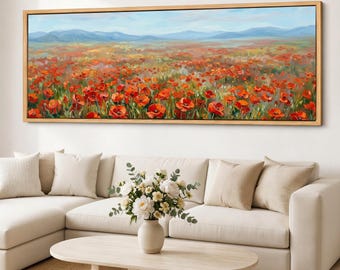 Impressão em tela de um campo de papoulas, arte de parede panorâmica de um prado floral, paisagem de flores silvestres em tons de vermelho e laranja, decoração em tela Giclée de grandes dimensões.
