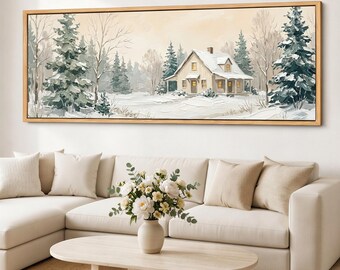 Snowy Cabin Canvas Print, Winter Forest Wall Art, Neutral Cottage Landscape, Framed Panoramic Giclee Canvas